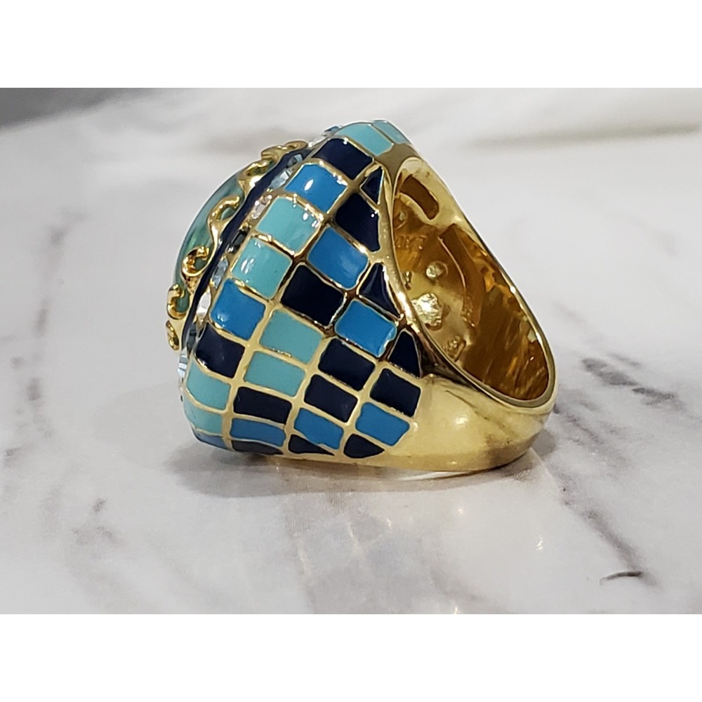 Lauren G Adams Checker blue Enamel Cocktail Ring maximalist whimsical harlequin - Picture 2 of 6